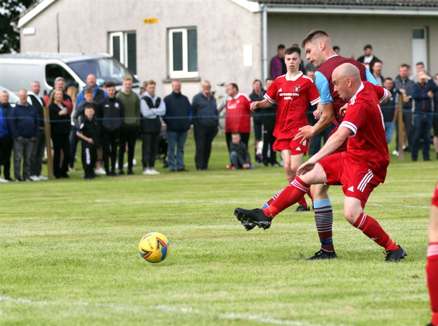 Marc Macgregor slots in the third goal for Pentland United in stoppage time. Picture: James Gunn
