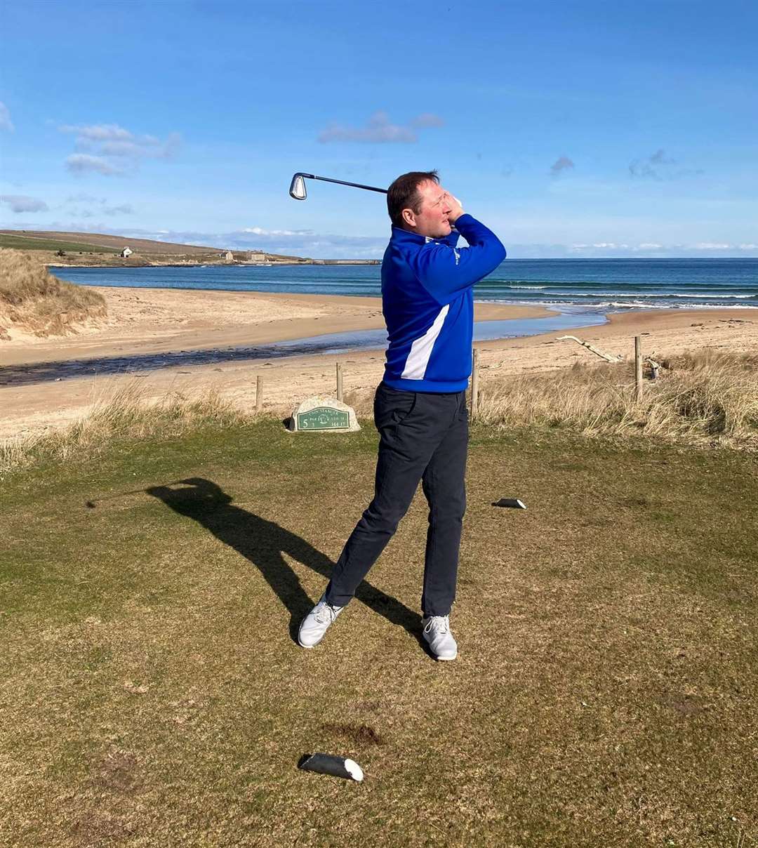 Colin Paterson, winner of the men’s November Medal, eyeing up his tee shot at the short fifth hole.