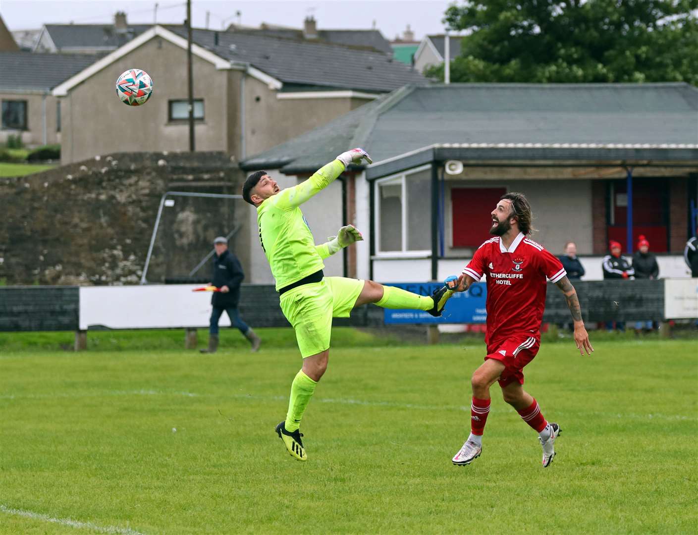 Grant MacNab watches the ball bounce over goalkeeper Ryan Bain for the second goal. Picture: James Gunn
