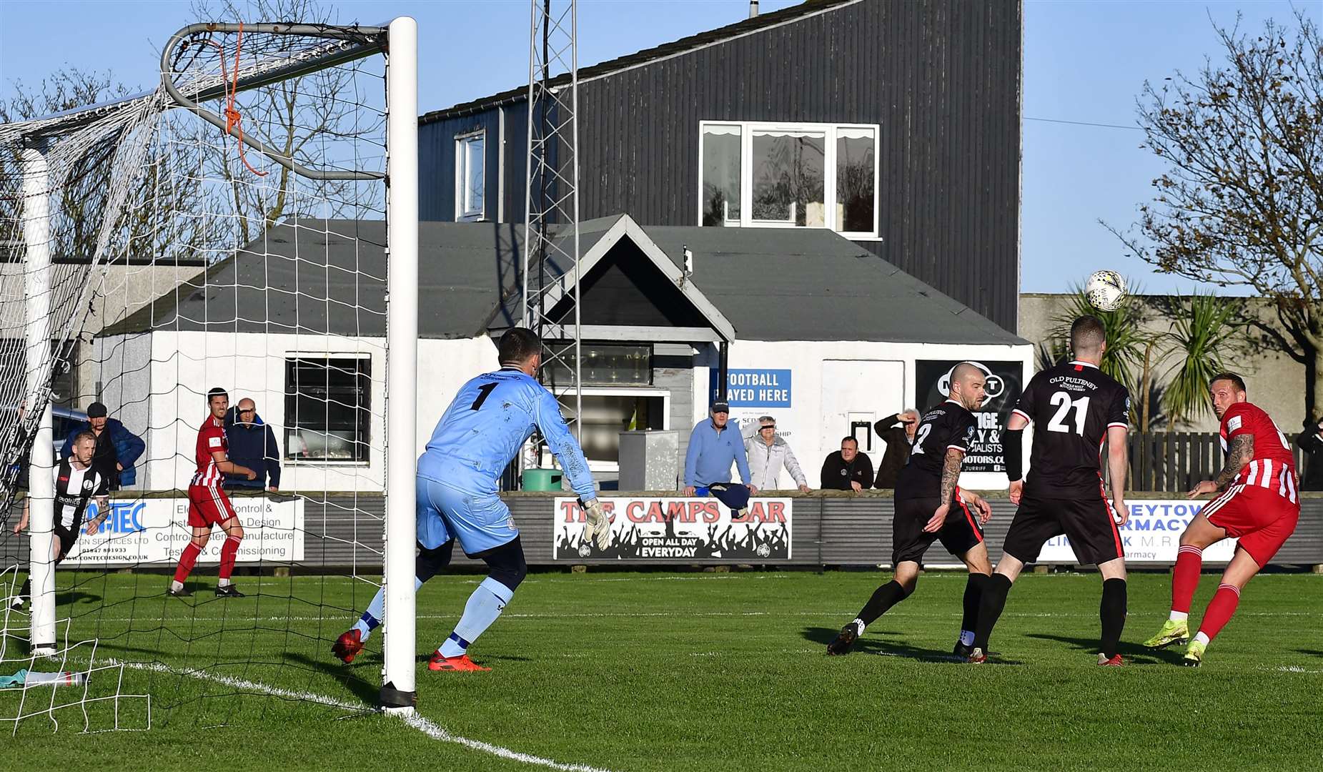 Jonathan Smith directs his header towards the top corner to put Formartine United in front in Saturday's Highland League Cup tie at Harmsworth Park. Picture: Mel Roger