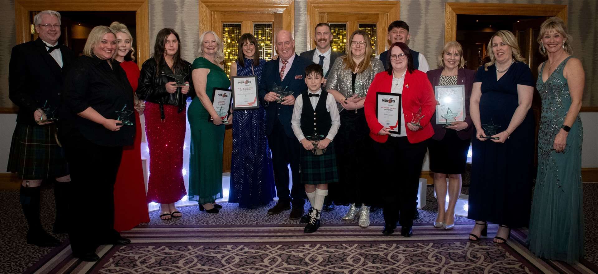 Highland Heroes winners, with host Nicky Marr (right). Picture: Callum Mackay