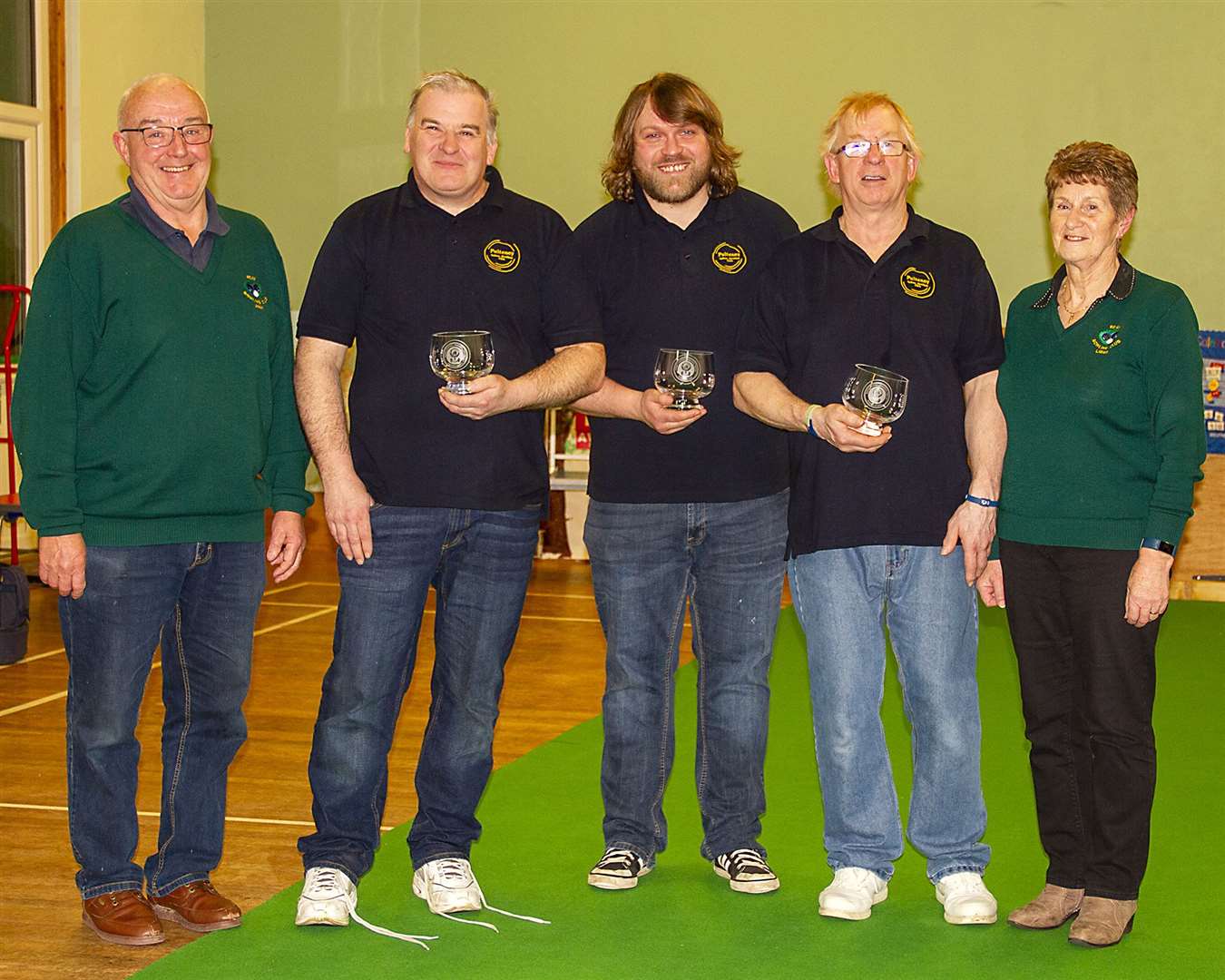 Reay Bowling Club president John Braid (left) and Lillian Campbell (right) with runners-up Malcolm Simpson, Mark Banks and Terry Candeland.