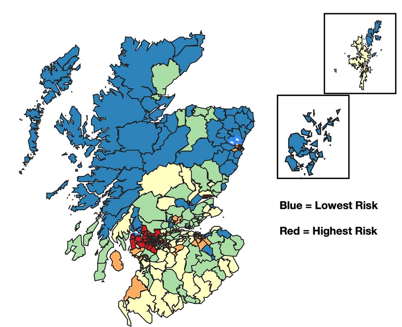 The Scotianomics Covid-19 community risk monitor map shows Caithness highlighted in blue as a low-risk area.