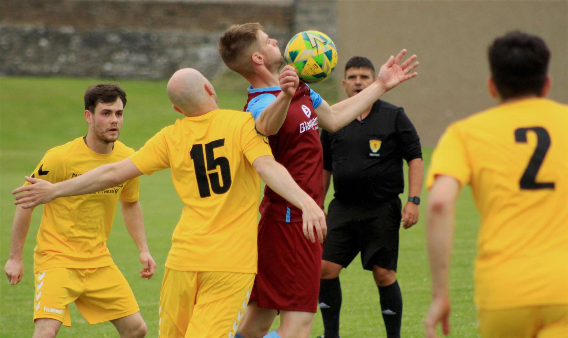 Pentland United's Marc Macgregor controls the ball on his chest against Staxigoe United.
