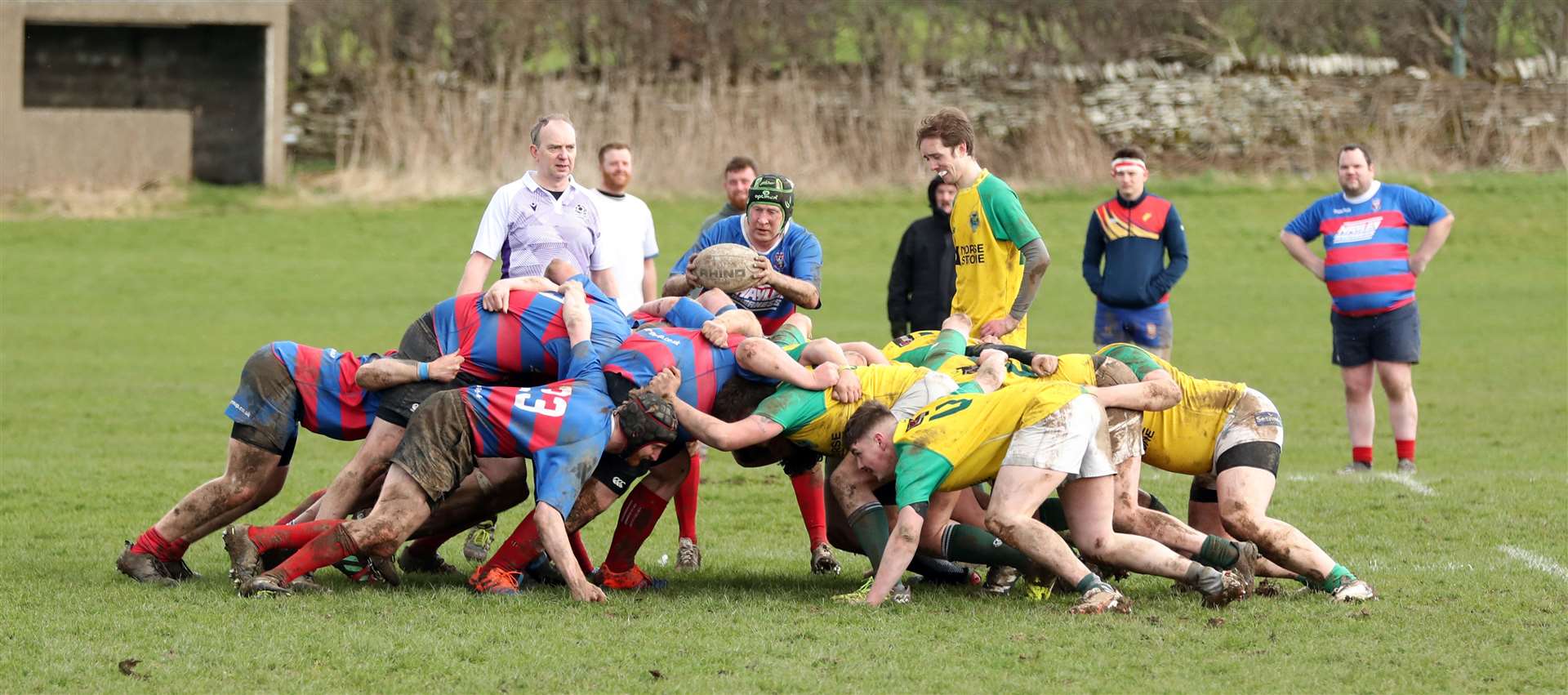The scrum locking horns as Caithness 2nd XV take on Inverness Craig Dunain at Millbank. Picture: James Gunn
