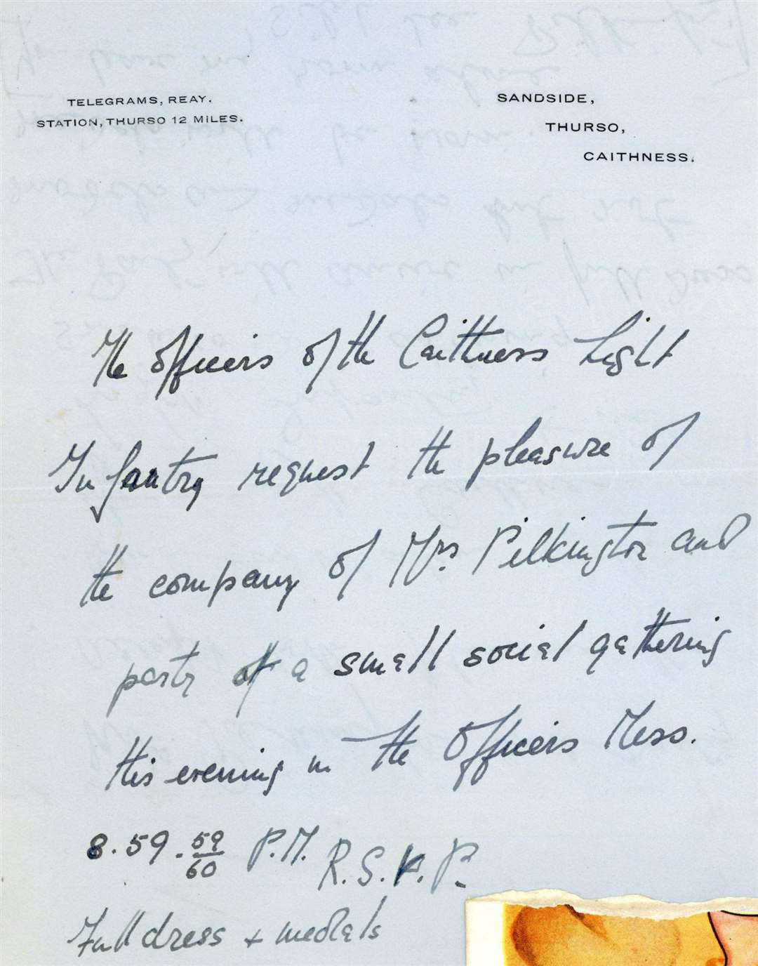 Written on headed paper, an invitation to the Pilkington Family from the officers of the Caithness Light Infantry for a small social gathering.