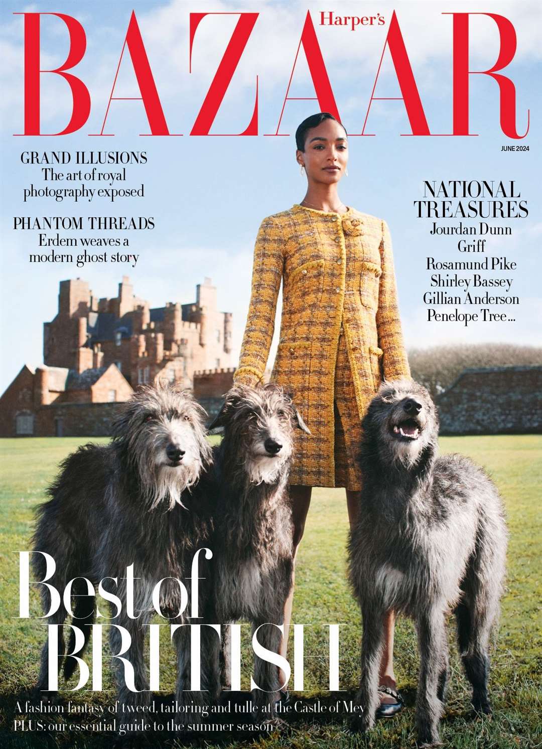 The cover of the current issue of Harper's Bazaar magazine with supermodel Jourdan Dunn along with deerhounds Briar, Barra and Beulah outside the Castle of Mey. Picture: Harper’s Bazaar UK/Richard Phibbs