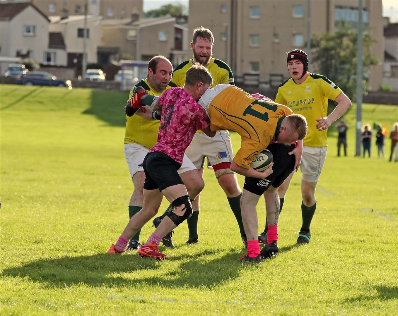 Craig Gunn of Caithness 2nd XV is upended but luckily he was put down safely. Picture: James Gunn