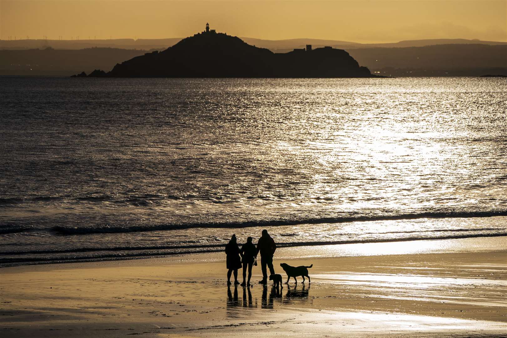 Dog walkers on the beach on New Year’s Day at Kinghorn in Fife (Jane Barlow/PA)