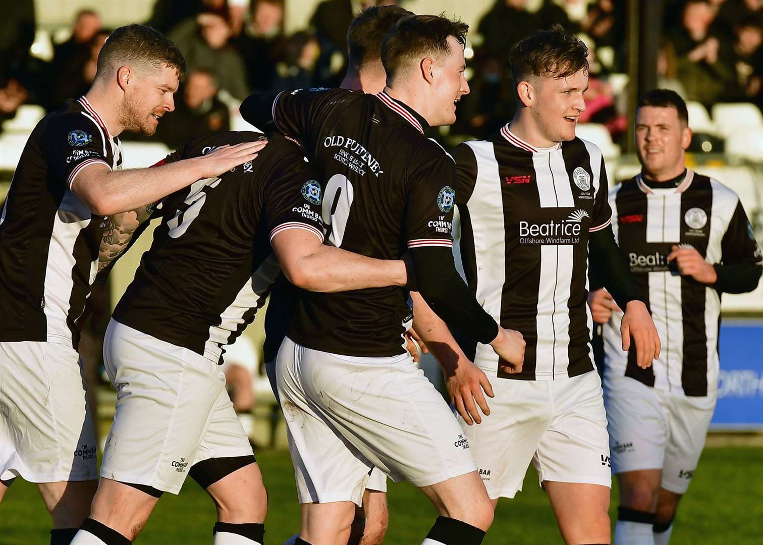 Wick Academy players congratulate Danny Mackay after he struck the opening goal against Rothes last Saturday. Picture: Mel Roger